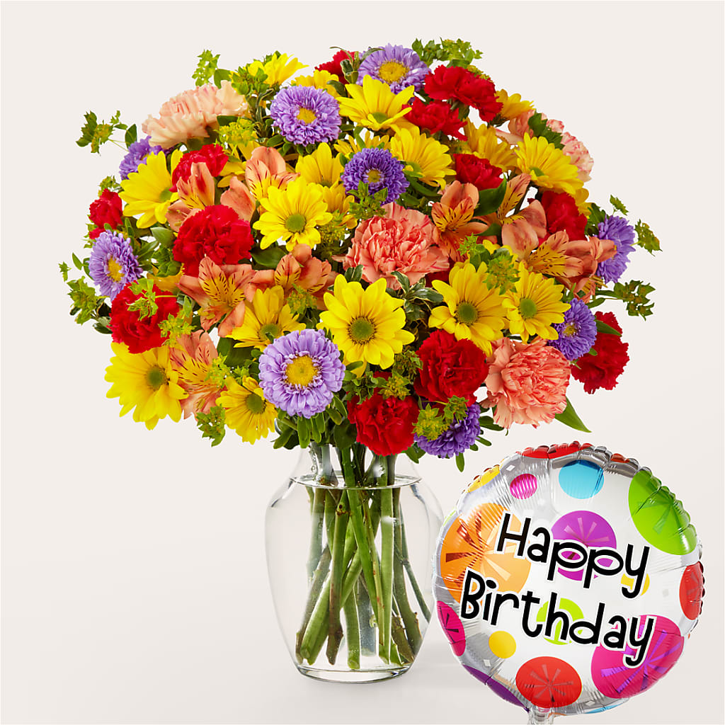 Kaleidoscope Bouquet with Birthday Balloon – RUTH'S FLOWERS AND GIFTS, Marshfield MO